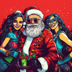 A Fun Colorful Rockabilly Party Santa Claus with Retro Girls Vintage Style Illustration