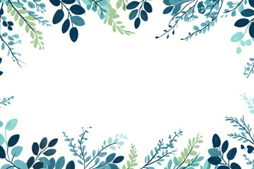 Teal and blue leafy patterns form a decorative border on a white canvas - obrazy, fototapety, plakaty