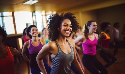 smiling women dancing fitness in gym