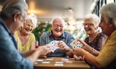group of senior people play cards in care house - obrazy, fototapety, plakaty