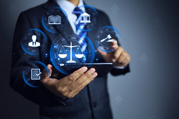 Laws concept. Businessman fighting lawsuit using AI as lawyer and providing legal advice and...