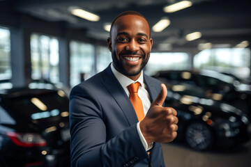 Successful luxury automobile business concept. Friendly African American car seller dressed in suit in car salon showroom with cars on background. Salesman with thumb up look into camera - obrazy, fototapety, plakaty