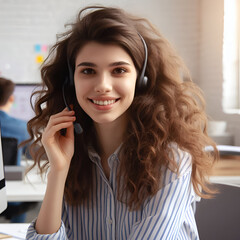 Naklejka premium Customer service representative with curly hair talking through headset, Generative AI Illustration. Not real people