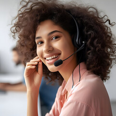Customer service representative with curly hair talking through headset, Generative AI Illustration. Not real people