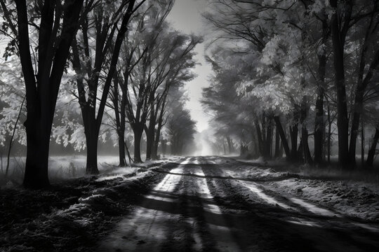 misty road lined with tall trees whose leaves are illuminated by a soft light creates a serene atmosphere in this black and white photograph