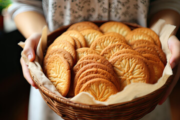 woman hand hold it up fresh cookies in basket