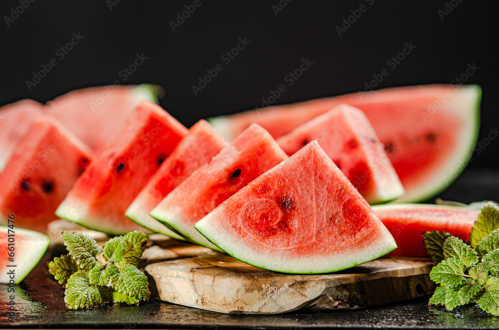 Poster sliced fresh watermelon.