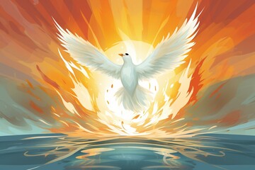 Illustration of Holy Spirit, symbolized by a dove and flame, for Pentecost Sunday. Generative AI - obrazy, fototapety, plakaty