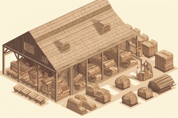 illustration of a wooden warehouse. Generative AI