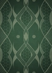 Hand-drawn unique abstract symmetrical seamless ornament. Bright green on a deep warm green with vignette of a darker background color. Paper texture. Digital artwork, A4. (pattern: p12d)