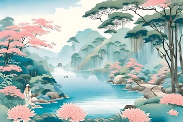 Fototapeta na wymiar A captivating illustration in the style of traditional Japanese watercolor - AI Generative
