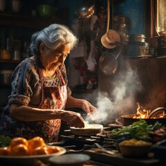 Senior Hispanic Woman Making Dinner at Home Family Recipe