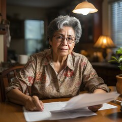 Older Hispanic Woman Paying Taxes Calculating IRS Tax Amount Owe Confused and Stressed about Money Concept