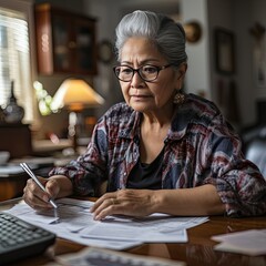 Older Hispanic Woman Paying Taxes Calculating IRS Tax Amount Owe Confused and Stressed about Money Concept - obrazy, fototapety, plakaty