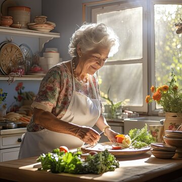 Old Hispanic Woman Making Food in Kitchen Passion and Culture Activity in Retirement Concept