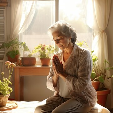 Old Hispanic Woman Prayer in Home Catholic Faith Prayer and Belief Religious Concept