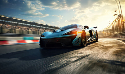 Sleek sports car in motion, symbolizing dynamic racing power. - obrazy, fototapety, plakaty