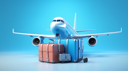 luggage or baggage and planes placed on passport for making advertising media about tourism and all object on blue background, vector 3d on blue background for travel and transport concept design - obrazy, fototapety, plakaty