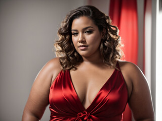 beautiful plus size woman in a red party dress