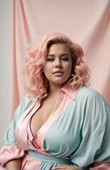 beautiful plus-size woman modeling clothes in pastel shades
