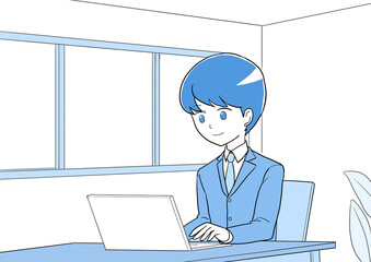 オフィスでパソコンを打つビジネスマン　ブルー