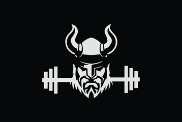 Original sports logo template with image of the viking mascot design. with barbell, gym and fitness logo