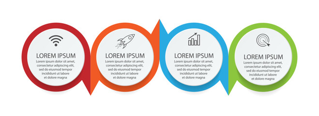 infographic template design, minimalist concept, interconnected circles with 4 steps, lines and colors in each step, good for your business presentation