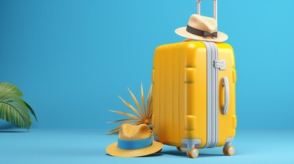 Yellow suitcase with traveler accessories on blue background. summer travel concept. 3d rendering