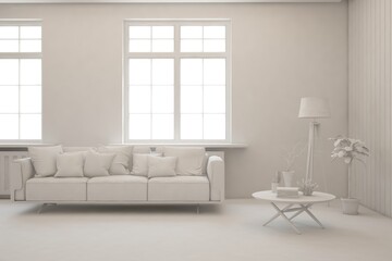 Grey interior desigh concept with furniture. 3D illustration