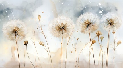 Mural interior wallpaper for living room with dandelion.Many dandelions on grey watercolor background with fly flower and bokeh light.Wall art for living room .Floral trendy background in modern style