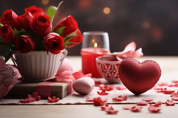 Fototapeta na wymiar Bouquet of red roses, candles and hearts on wooden background