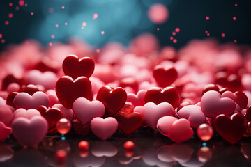 Valentines day background with red hearts on bokeh background
