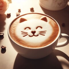 A cup of coffee with foam with a cute cat face on it. Soft morning sunlight. Positive mood.