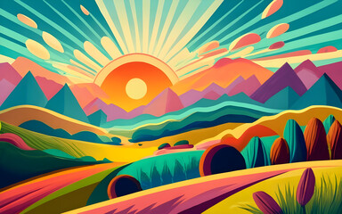 2d nature colorful landscapes sun sky trees mountains art ai generative 