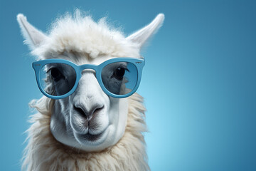 Portrait of funny white alpaca with blue sunglasses on blue background