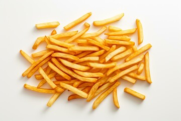 An overhead perspective of crispy golden french fries spread out on a plain white table. Thin deep-fried potato sticks. Generative AI - obrazy, fototapety, plakaty