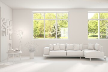 Bright interior design with modern furniture and summer landscape in window. 3D illustration