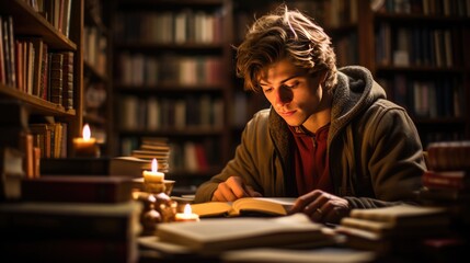 young man studying in the library - obrazy, fototapety, plakaty