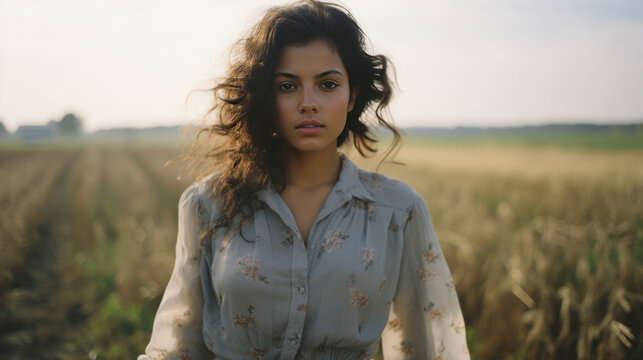 Editorial portrait of woman in field of grass. Country side. Fashion concept.