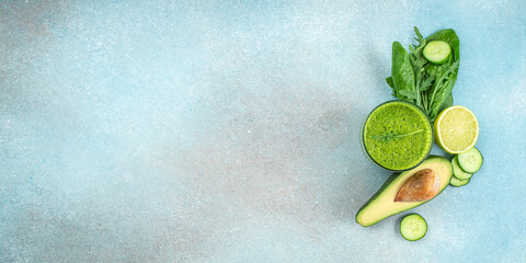 healthy detox, vegetarian concepts drinks. Green smoothie on a blue background, Long banner format