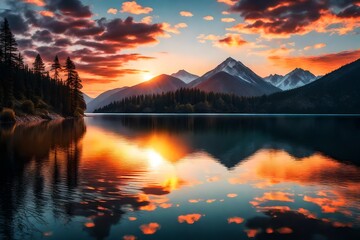 A serene sunset over a calm lake surrounded by mountains - AI Generative