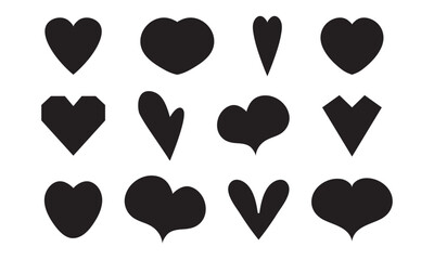 Set of various shapes of black hearts on white background for icons, wallpapers, packaging, wrapping, fabrics, webs, apps, greeting cards