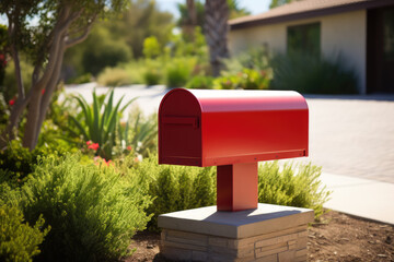 Red Mailbox in Front of House, USPS, Generative AI