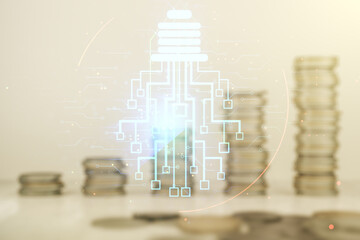 Virtual creative light bulb illustration with microcircuit on coins background, future technology concept. Multiexposure
