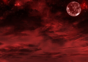 赤い明け方の星空と満月