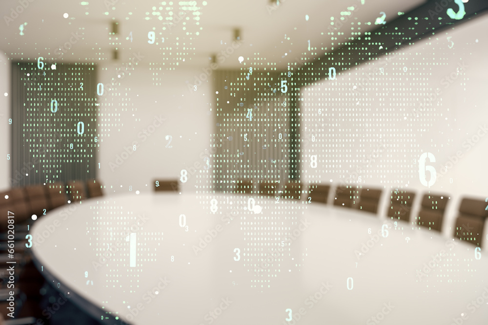 Aufkleber double exposure of abstract creative programming illustration and world map on a modern boardroom ba
