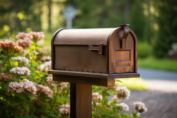 Copper Brown Mailbox Outdoors with Flowers, Generative AI