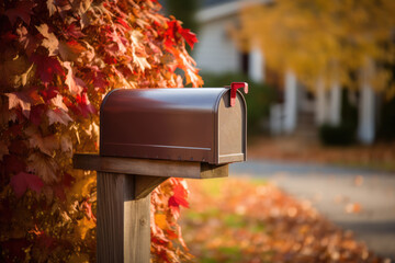 Copper Brown Mailbox Outdoors with Flowers, Generative AI