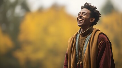 a African Ethiopian male gospel singer, dressed in earthy, fall-inspired clothing, singing passionately amidst the autumn colors. generative AI - obrazy, fototapety, plakaty
