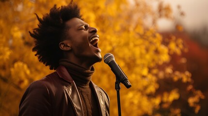 a African Ethiopian male gospel singer, dressed in earthy, fall-inspired clothing, singing passionately amidst the autumn colors. generative AI